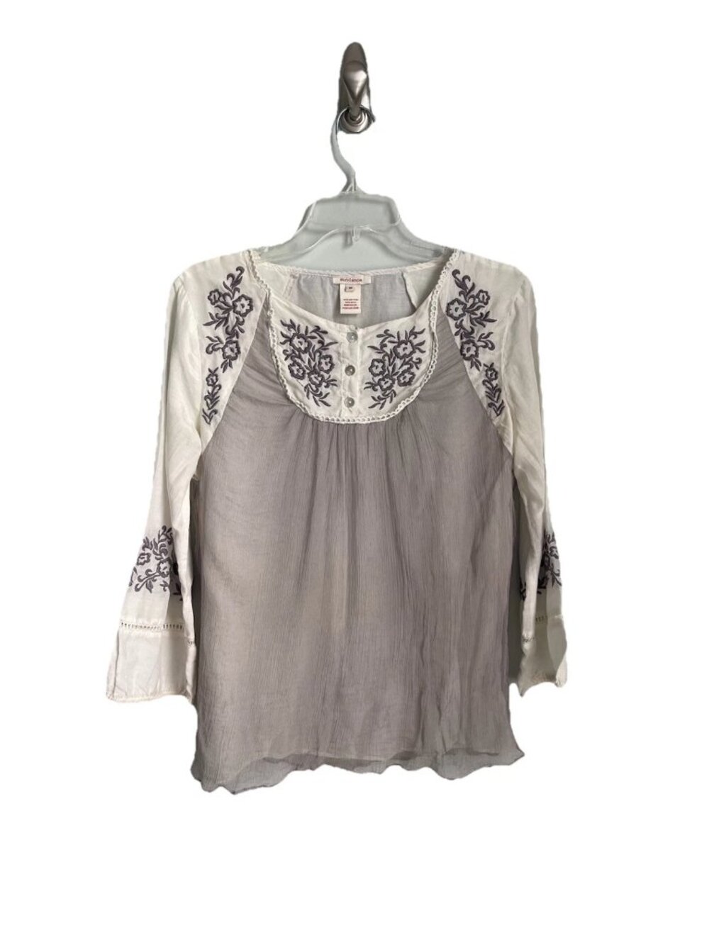 Sundance Ivory Gray Silk Blend Embroidered Henley  Top 3/4 Sleeve